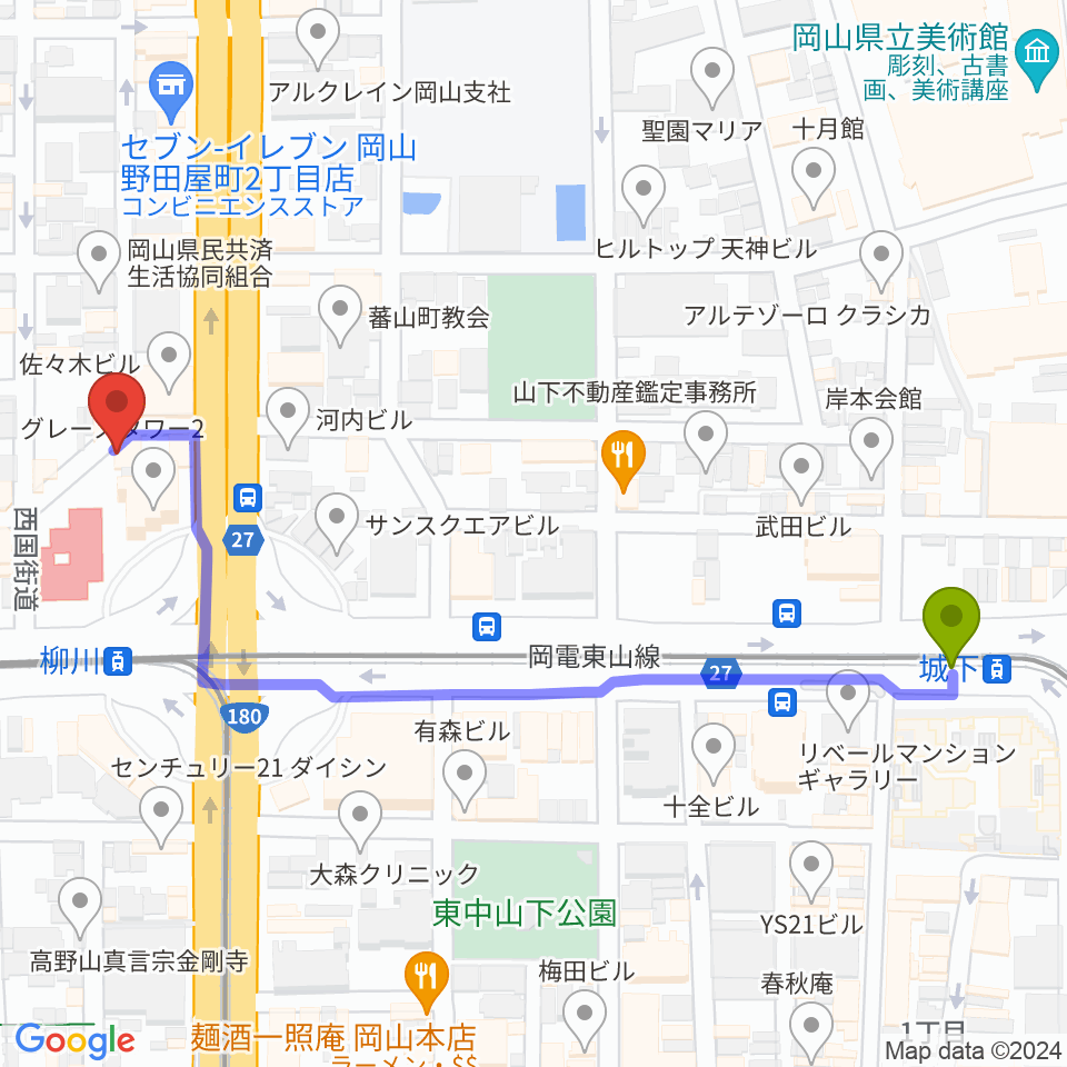城下駅から野田屋町ピアノバーへのルートマップ地図