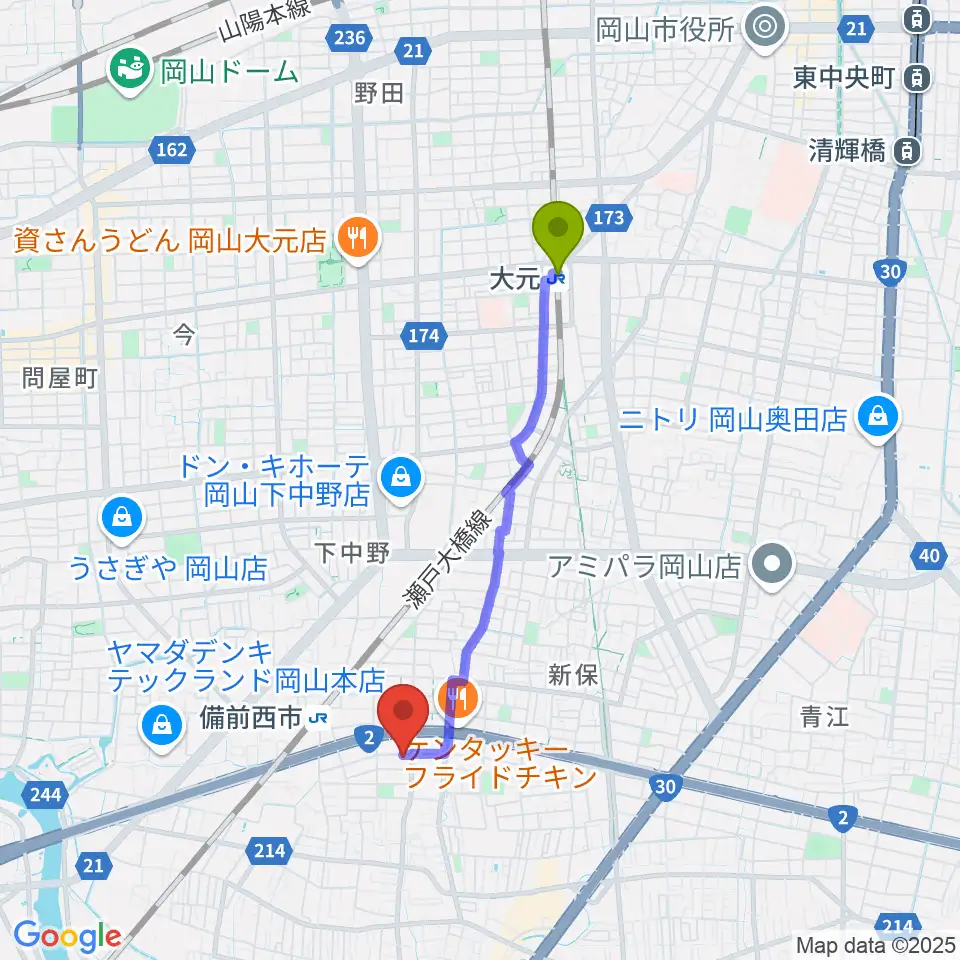 大元駅から喜多商事株式会社へのルートマップ地図