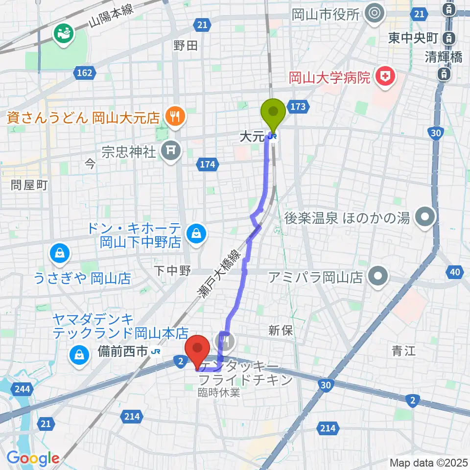 大元駅から喜多商事株式会社へのルートマップ地図