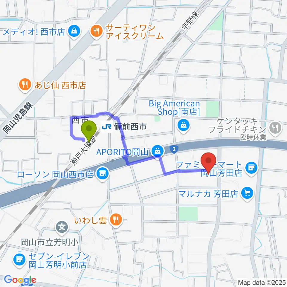 喜多商事株式会社の最寄駅備前西市駅からの徒歩ルート（約7分）地図