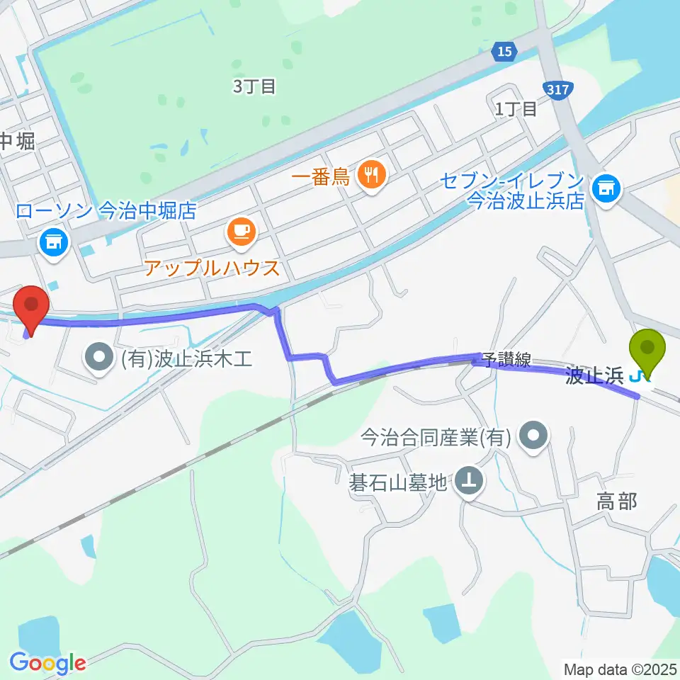 南海ピアノの最寄駅波止浜駅からの徒歩ルート（約14分）地図