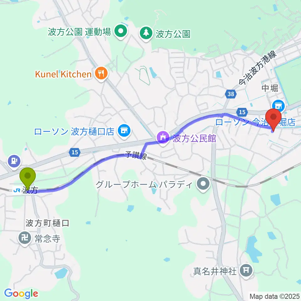 波方駅から南海ピアノへのルートマップ地図