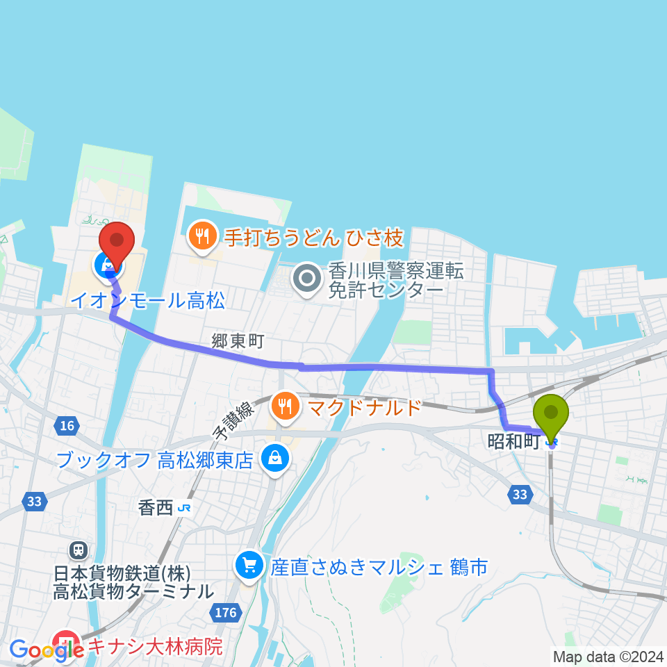 昭和町駅から楽器堂オーパス イオンモール高松店へのルートマップ地図