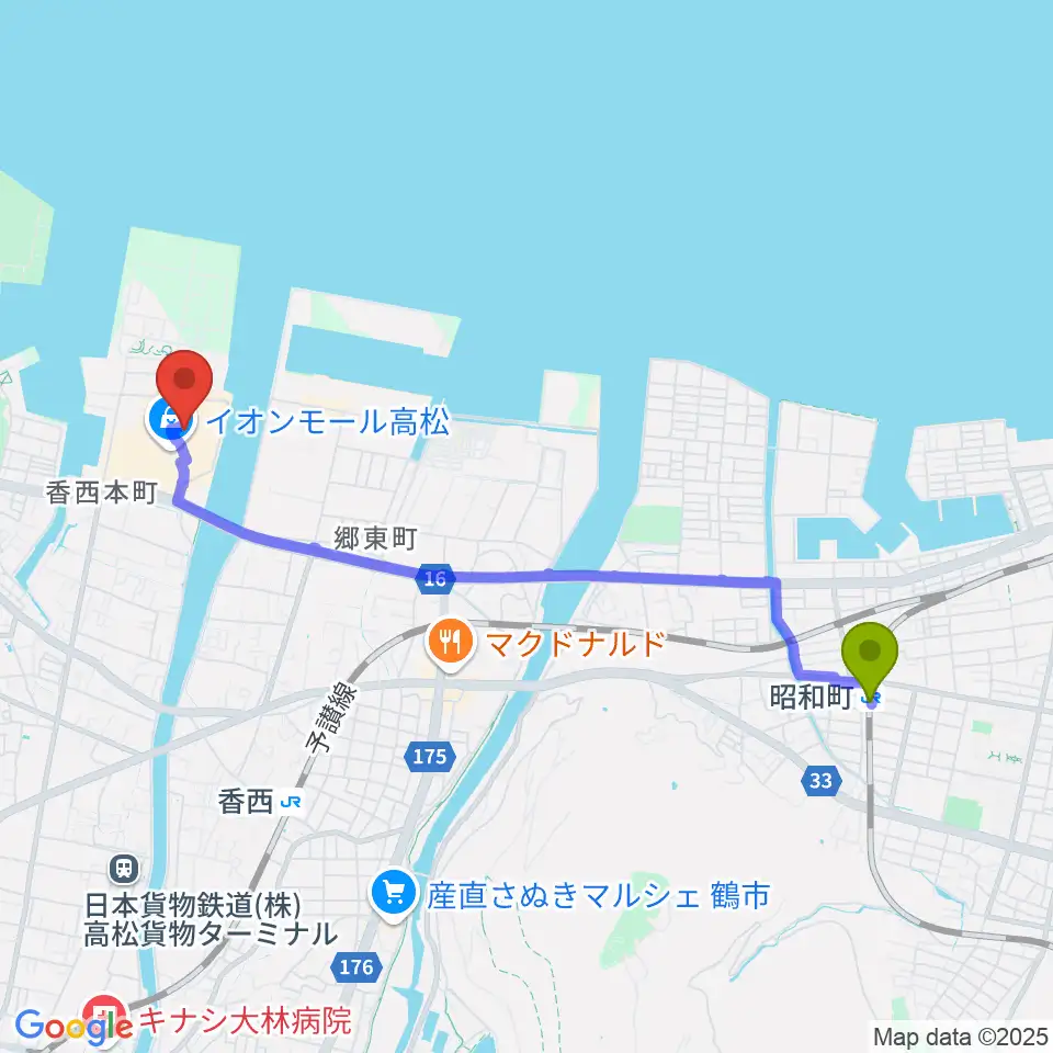 昭和町駅から楽器堂オーパス イオンモール高松店へのルートマップ地図