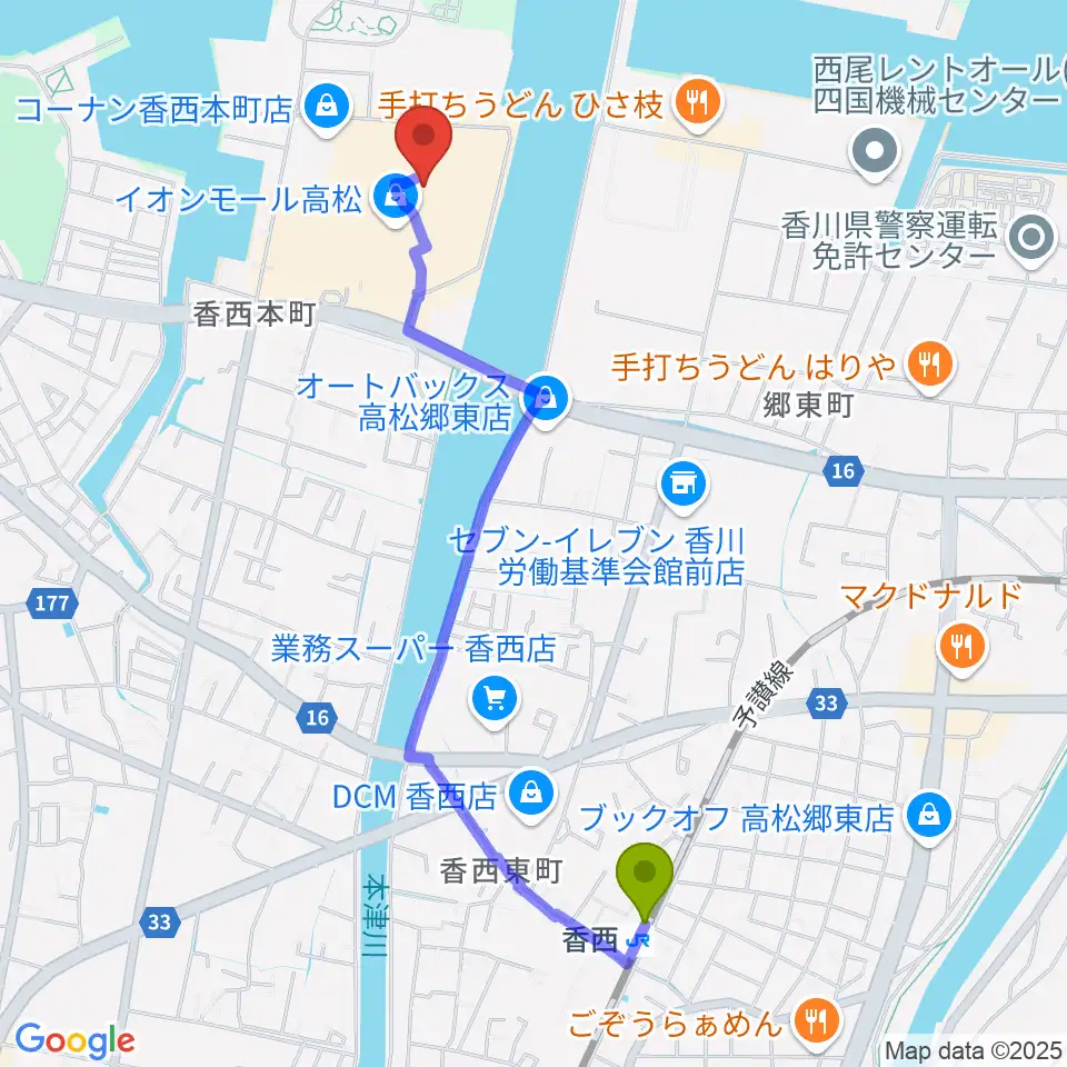 楽器堂オーパス イオンモール高松店の最寄駅香西駅からの徒歩ルート（約23分）地図