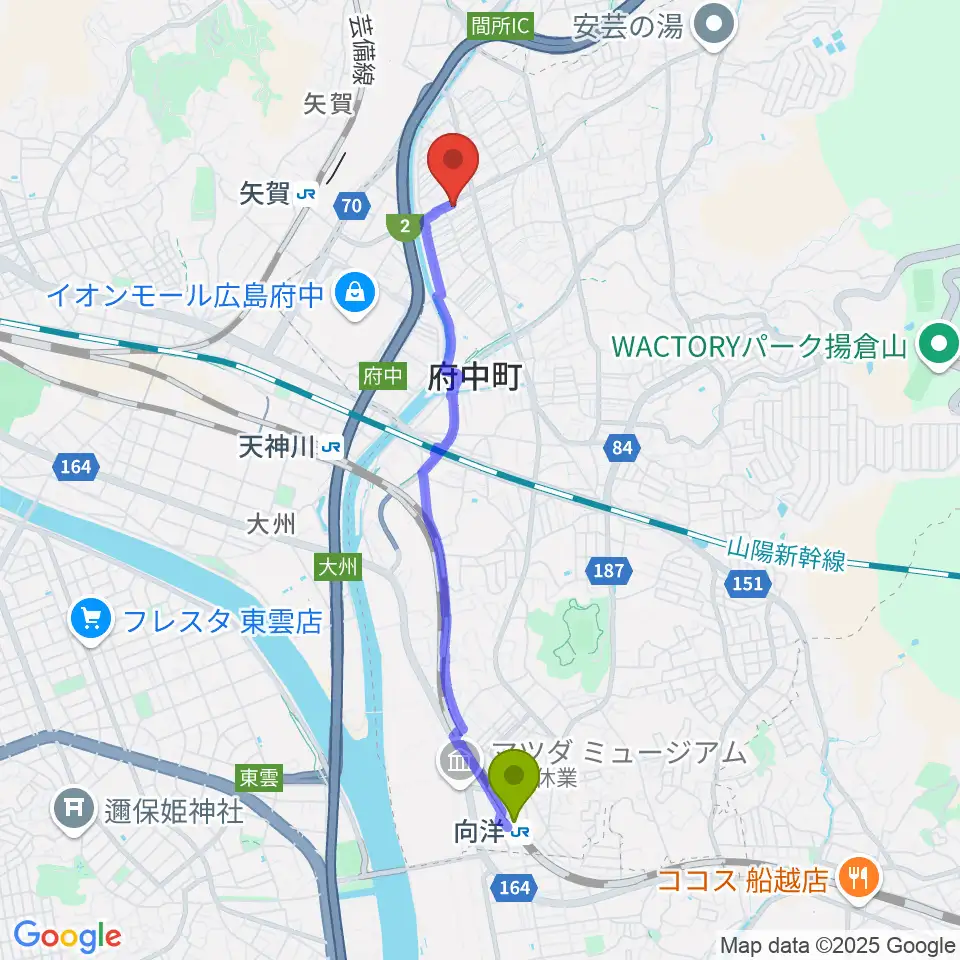 向洋駅から広島ララミュージックへのルートマップ地図