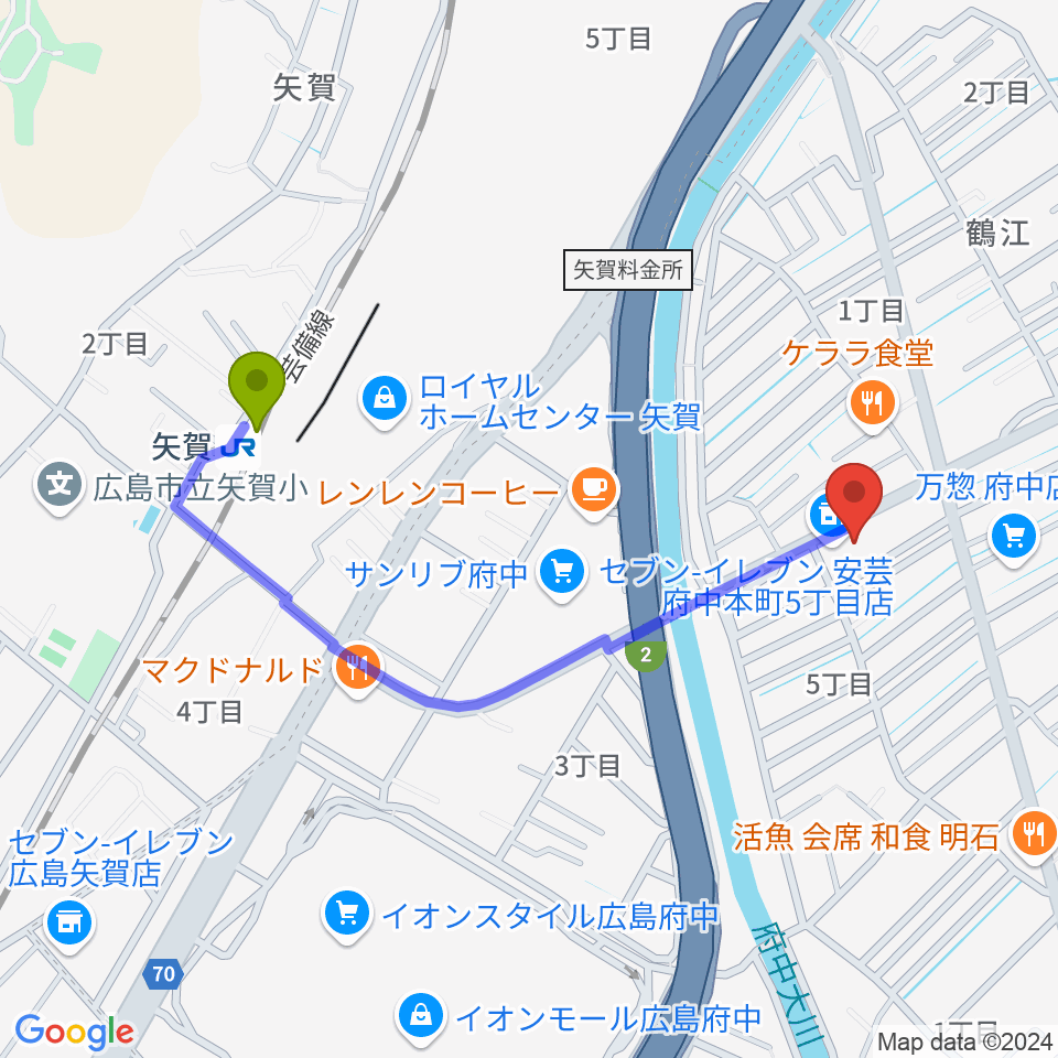 広島ララミュージックの最寄駅矢賀駅からの徒歩ルート（約9分）地図