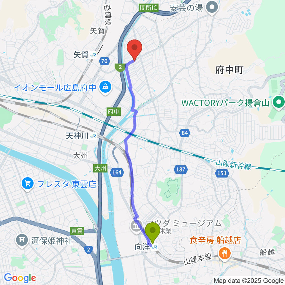 向洋駅からLaLa Musicピアノ教室へのルートマップ地図