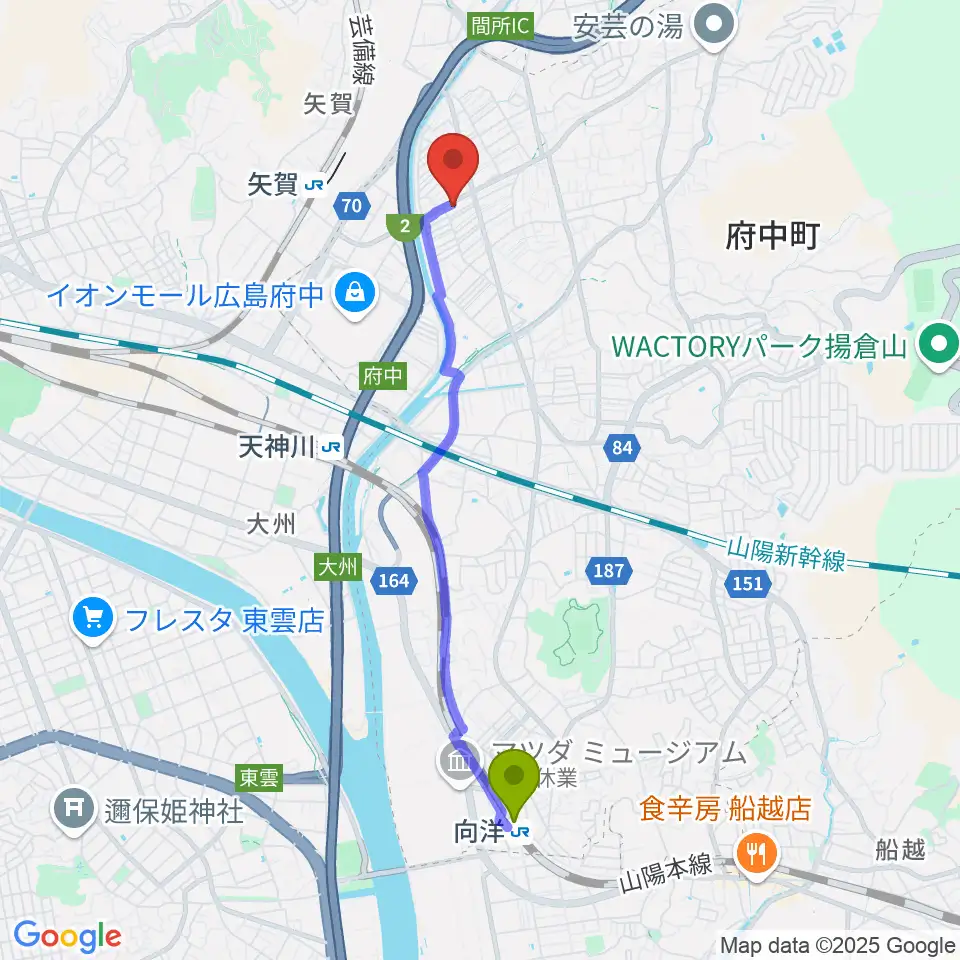 向洋駅からLaLa Musicピアノ教室へのルートマップ地図