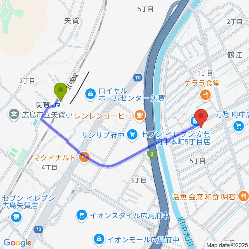 LaLa Musicピアノ教室の最寄駅矢賀駅からの徒歩ルート（約9分）地図