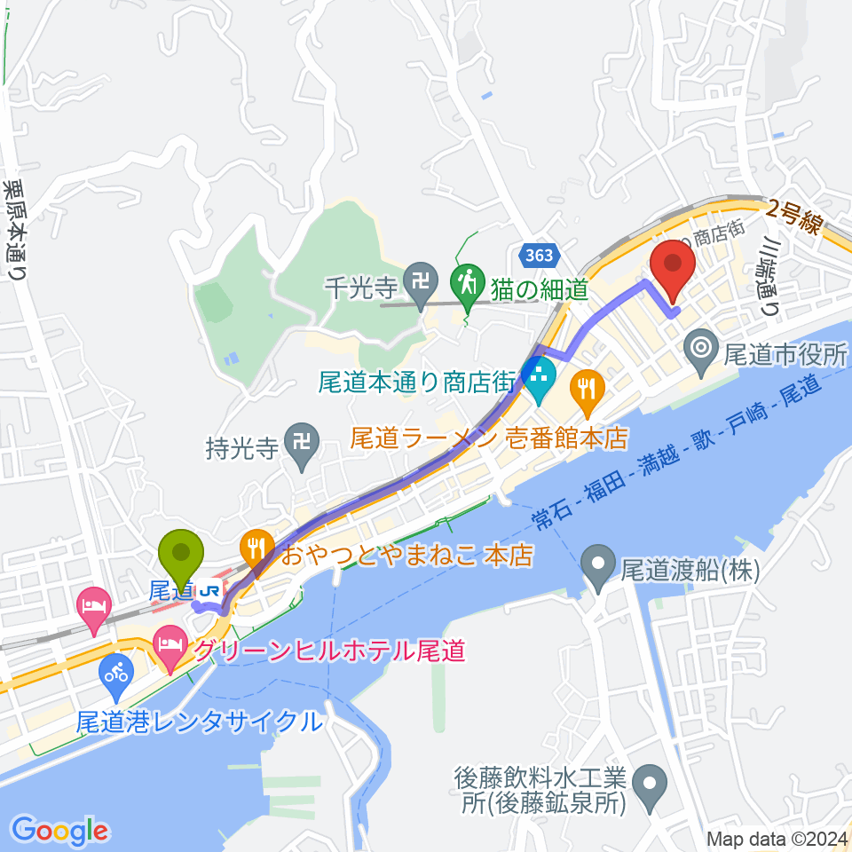尾道オエコモヴァの最寄駅尾道駅からの徒歩ルート（約21分）地図