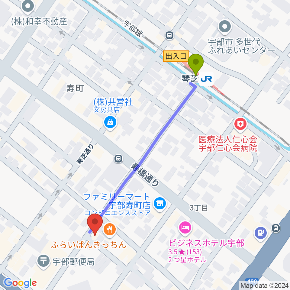 ピアノイン ステラの最寄駅琴芝駅からの徒歩ルート（約5分）地図