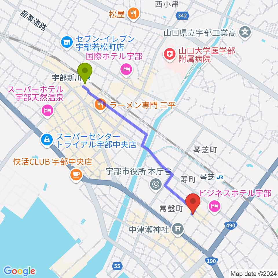 宇部新川駅からピアノイン ステラへのルートマップ地図