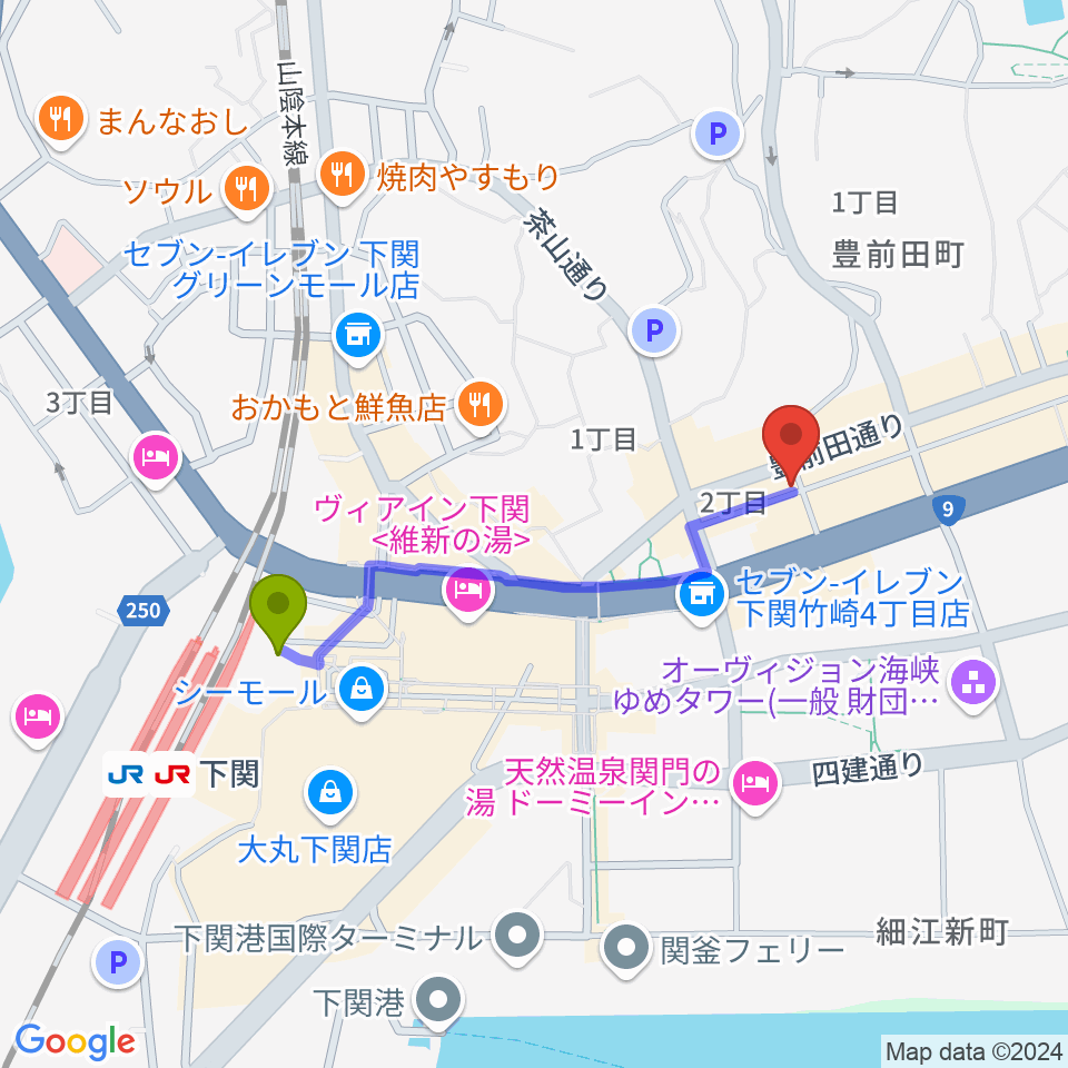 下関レッドラインの最寄駅下関駅からの徒歩ルート（約8分）地図