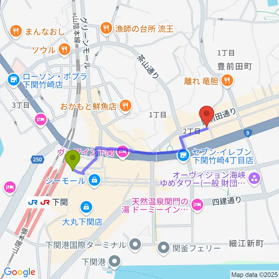 下関レッドラインの最寄駅下関駅からの徒歩ルート（約8分）地図