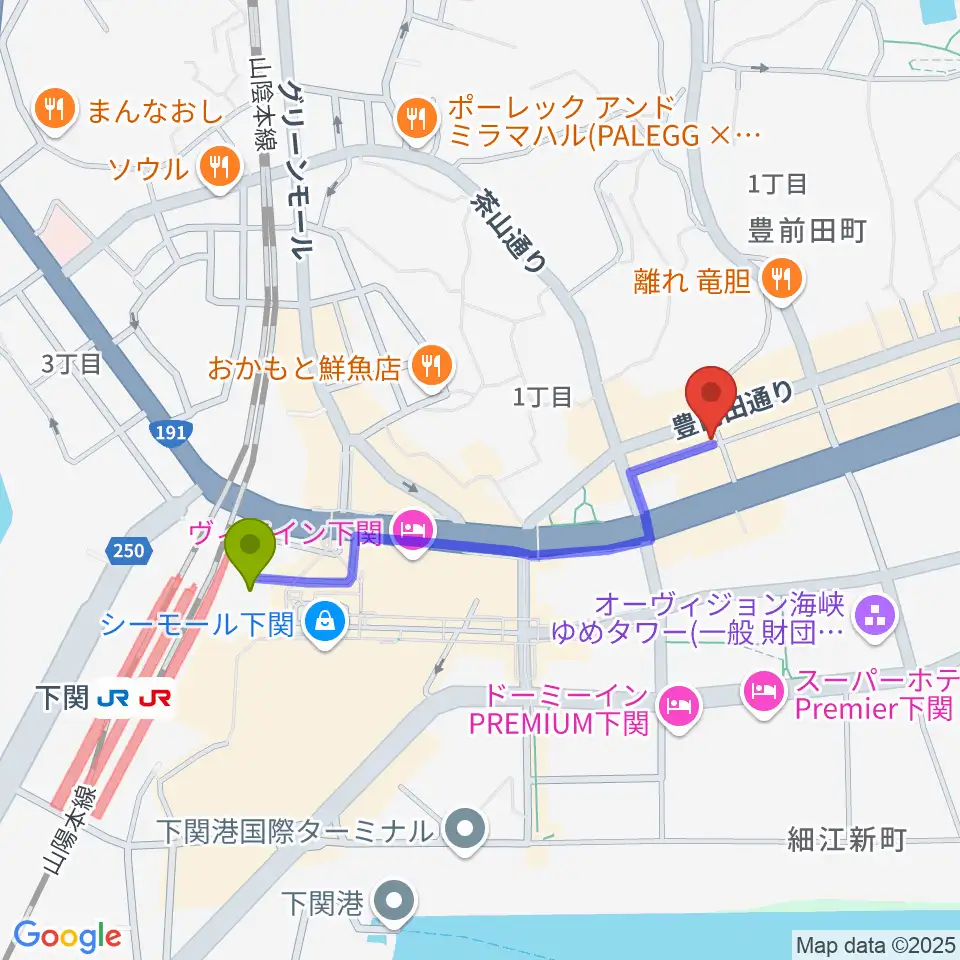 下関レッドラインの最寄駅下関駅からの徒歩ルート（約8分）地図