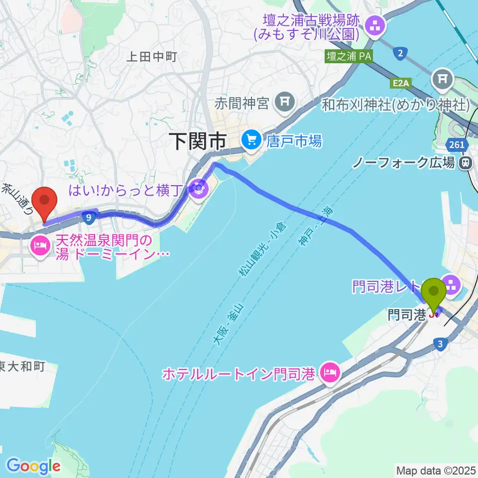 門司港駅から下関レッドラインへのルートマップ地図