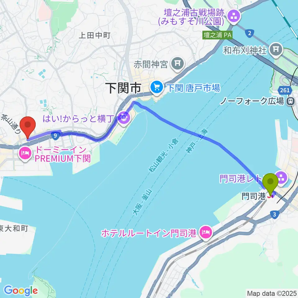 門司港駅から下関レッドラインへのルートマップ地図