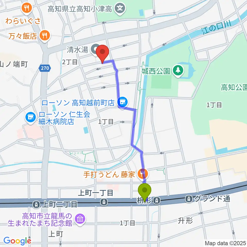 枡形駅から南四国ピアノ販売へのルートマップ地図