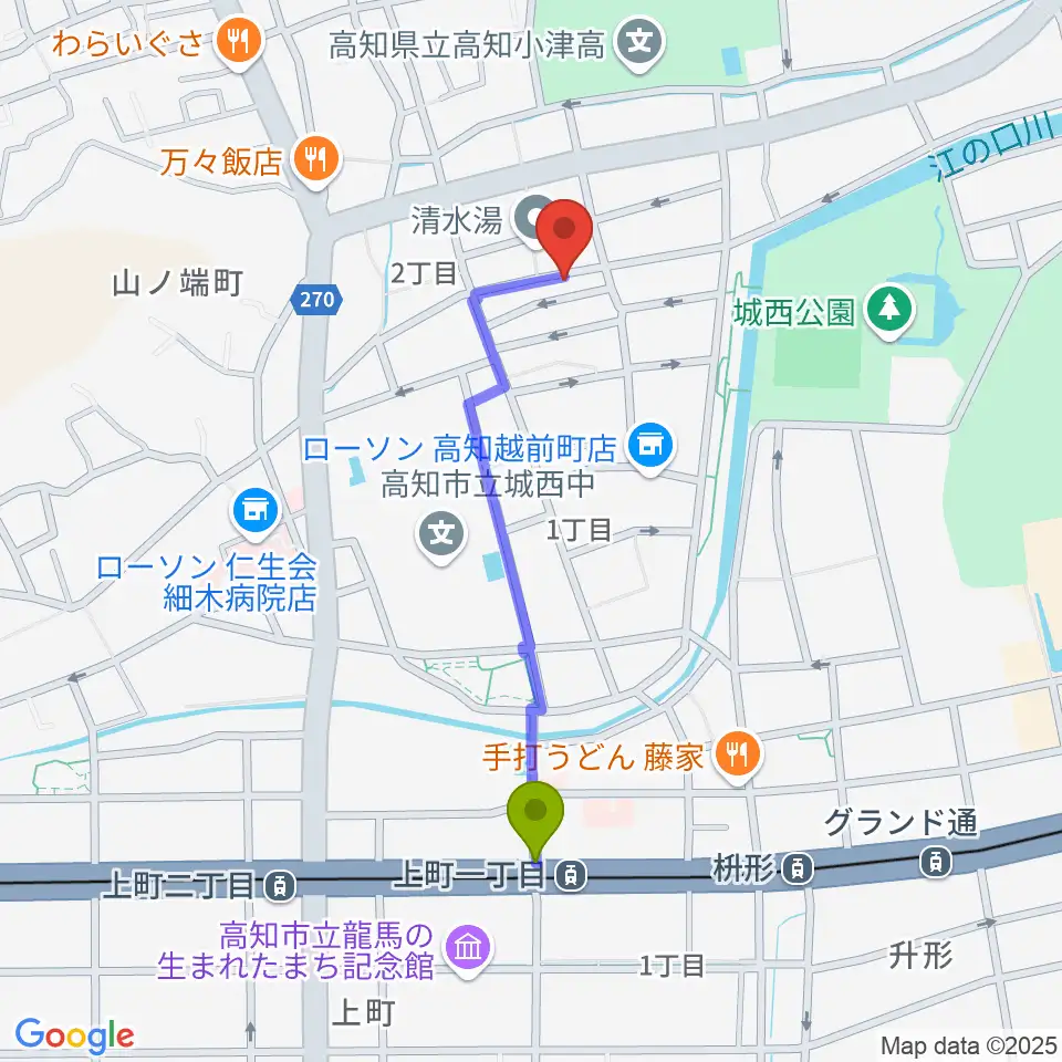 南四国ピアノ販売の最寄駅上町一丁目駅からの徒歩ルート（約9分）地図