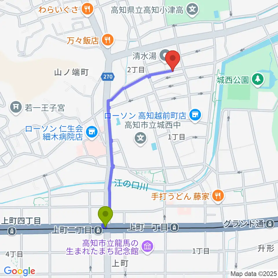 上町二丁目駅から南四国ピアノ販売へのルートマップ地図