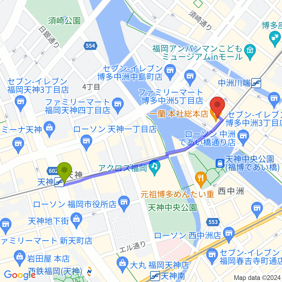 天神駅から中洲ジャンプハウスへのルートマップ地図