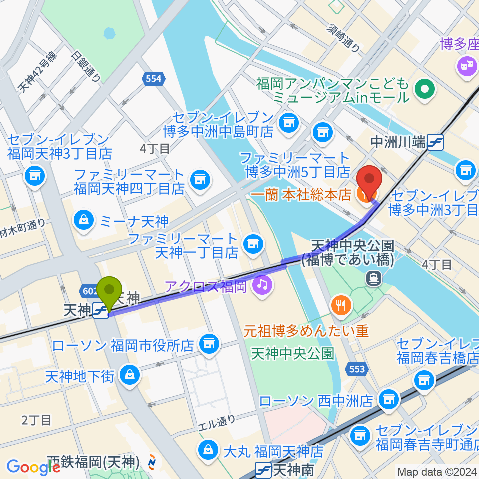 天神駅から中洲ジャンプハウスへのルートマップ地図