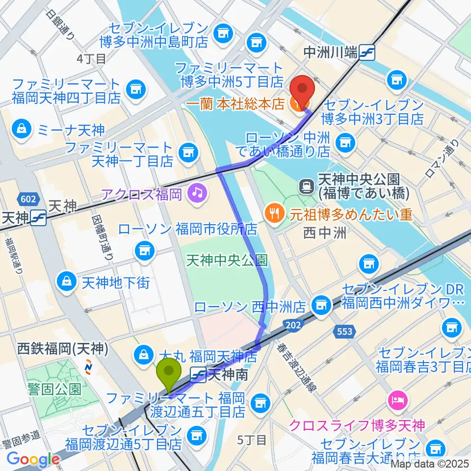 天神南駅から中洲ジャンプハウスへのルートマップ地図