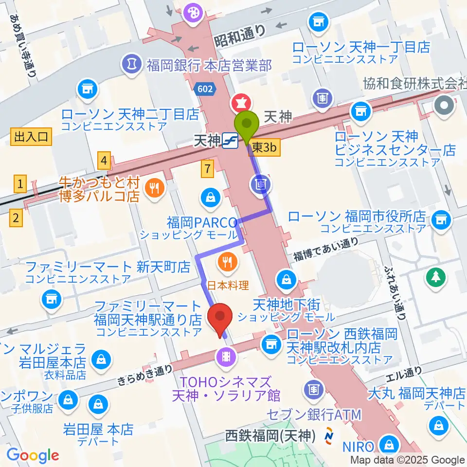 天神駅から天神 照和へのルートマップ地図