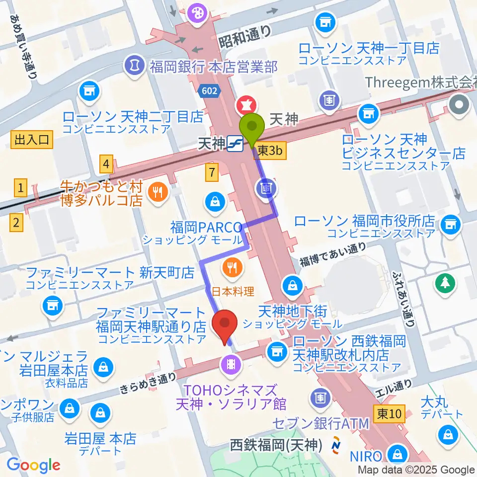 天神駅から天神 照和へのルートマップ地図