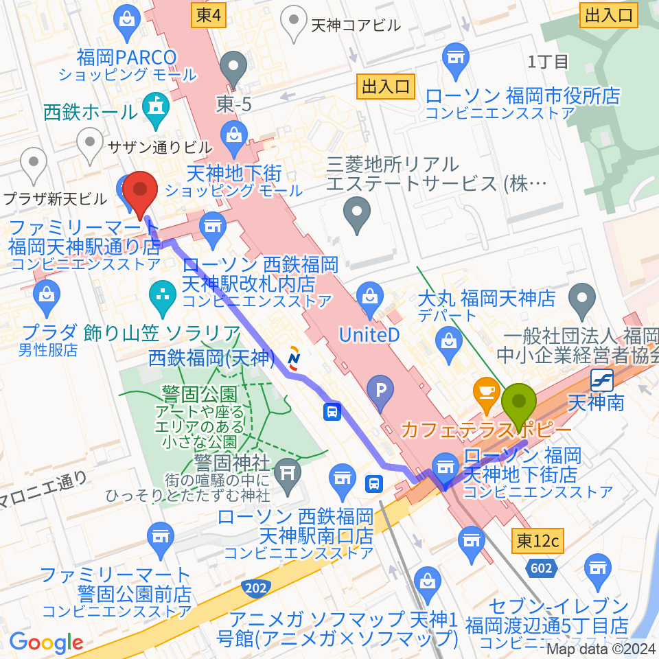天神南駅から天神 照和へのルートマップ地図