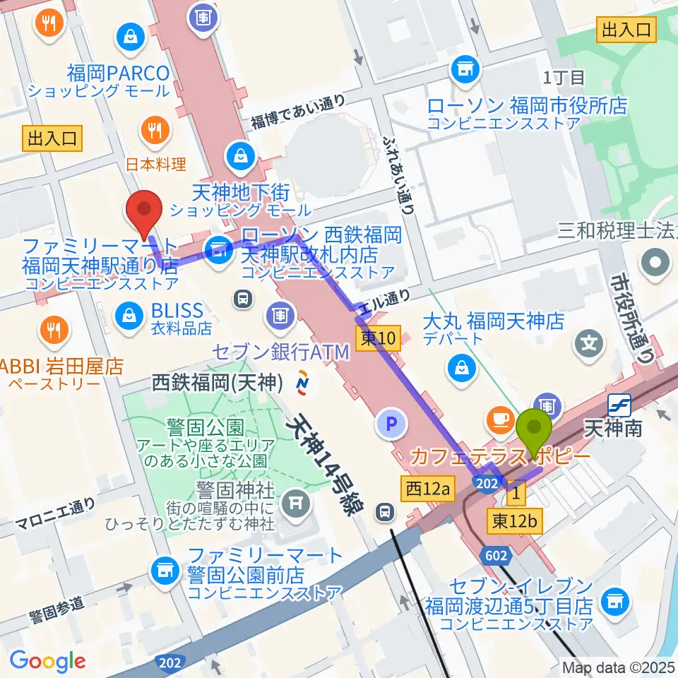 天神南駅から天神 照和へのルートマップ地図