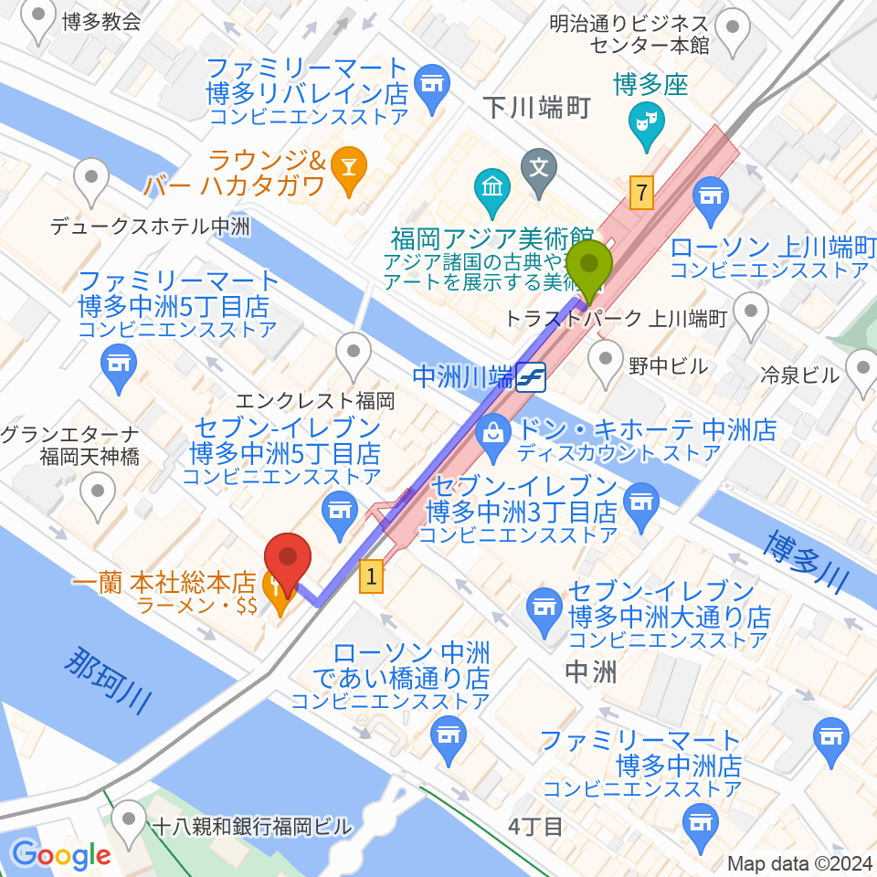 中洲トロンボーンクラブの最寄駅中洲川端駅からの徒歩ルート（約4分）地図