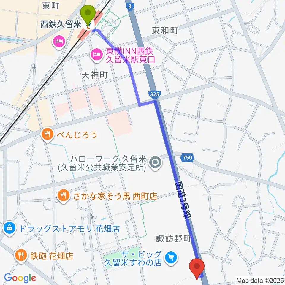 西鉄久留米駅から木下楽器店 すわの町本店へのルートマップ地図