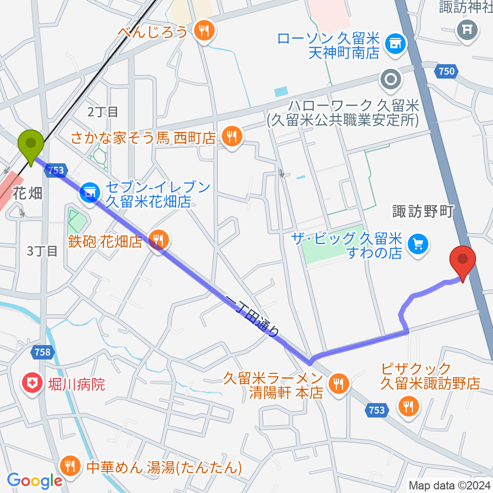 花畑駅から木下楽器店 すわの町本店へのルートマップ地図