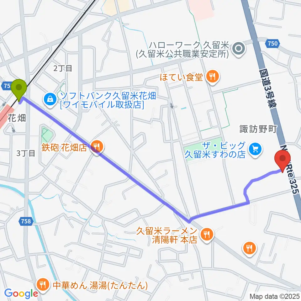 花畑駅から木下楽器店 すわの町本店へのルートマップ地図