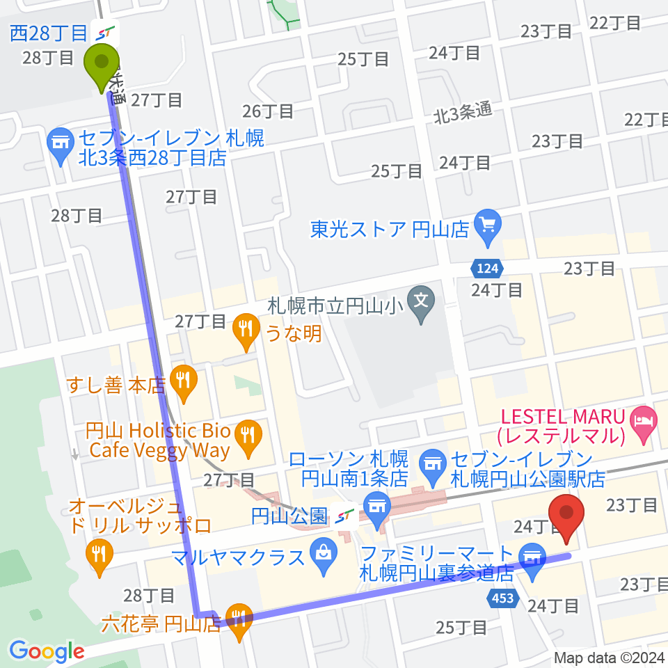 西２８丁目駅から円山夜想 ルヤマノクターンへのルートマップ地図