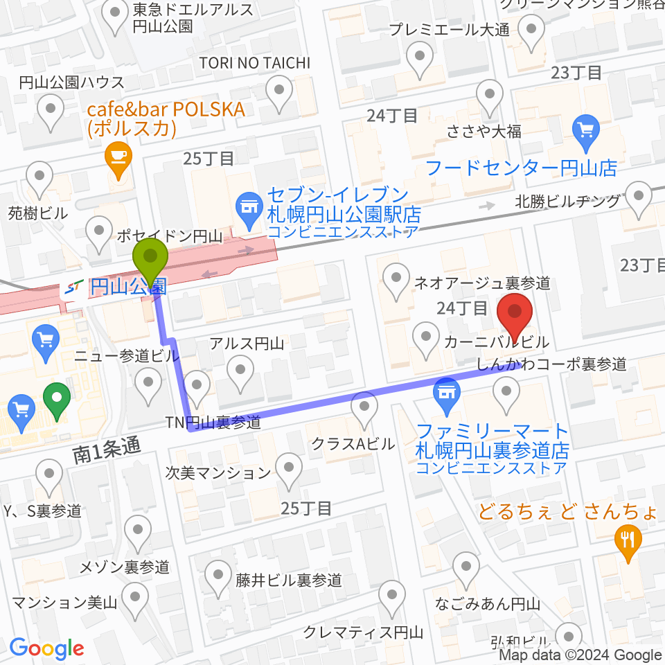 円山夜想 ルヤマノクターンの最寄駅円山公園駅からの徒歩ルート（約4分）地図