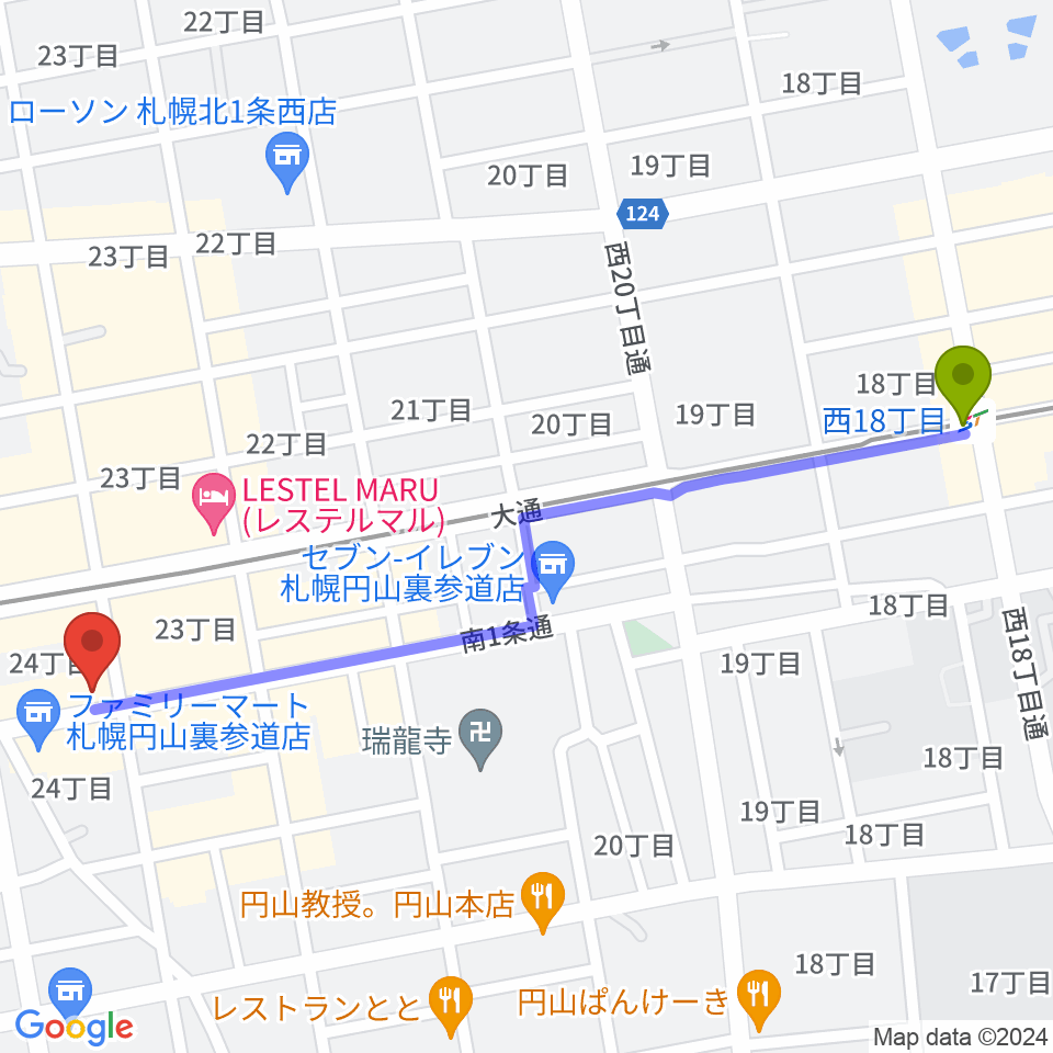 西１８丁目駅から円山夜想 ルヤマノクターンへのルートマップ地図