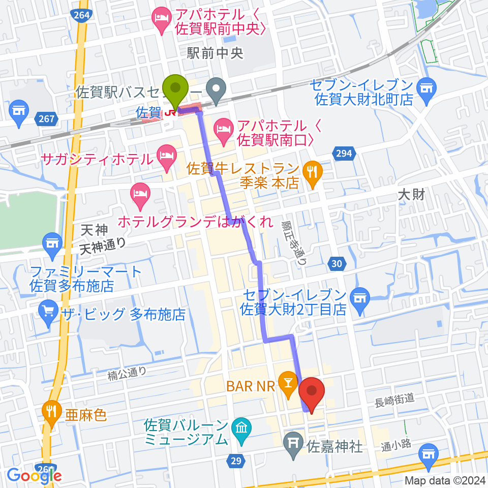 LIVE BAR 雷神の最寄駅佐賀駅からの徒歩ルート（約22分）地図