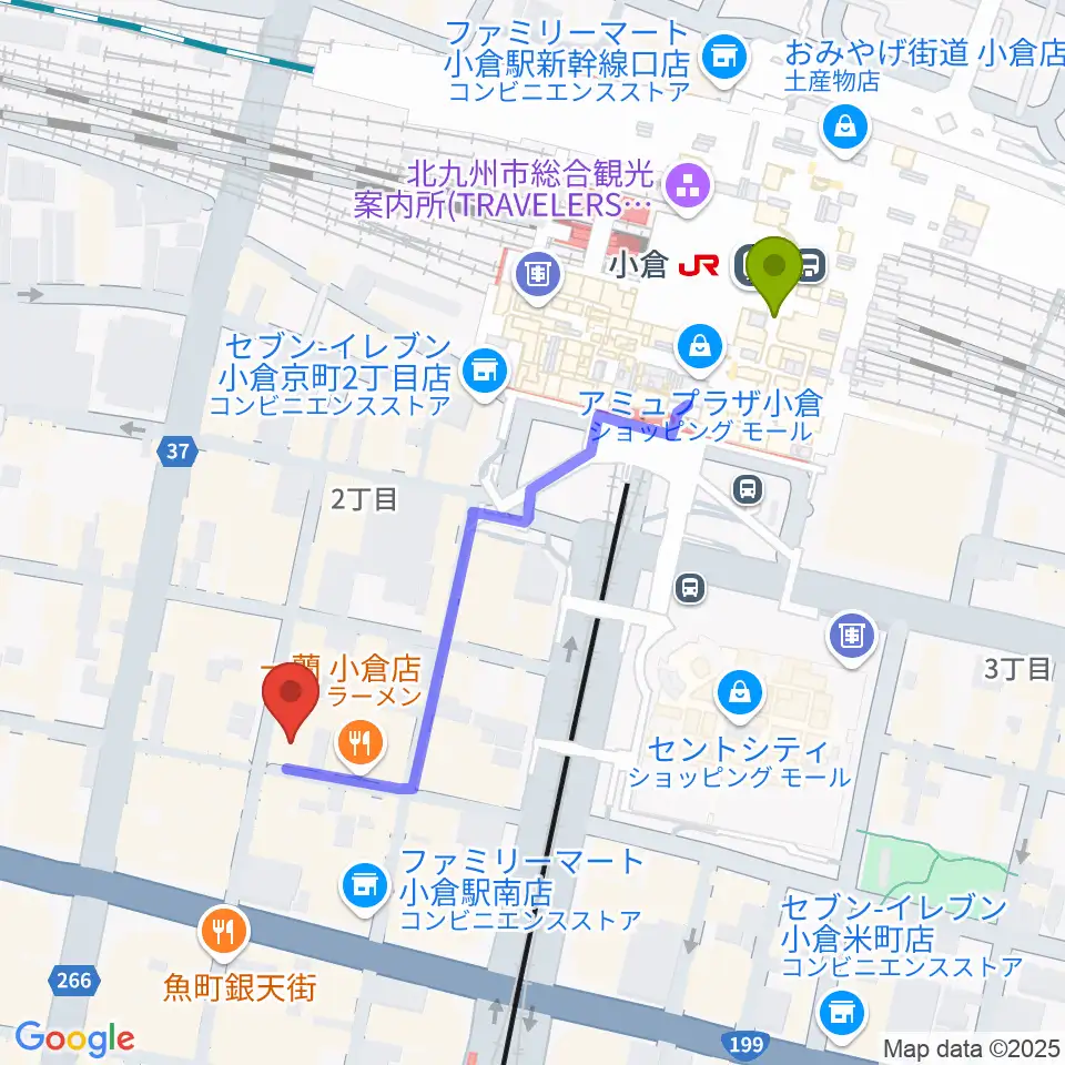 小倉駅から松田楽器店へのルートマップ地図