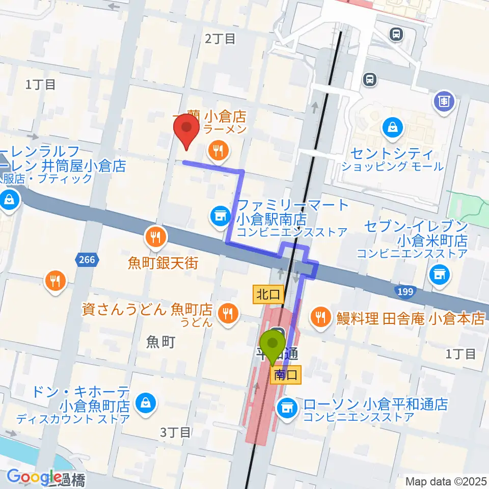 松田楽器店の最寄駅平和通駅からの徒歩ルート（約4分）地図