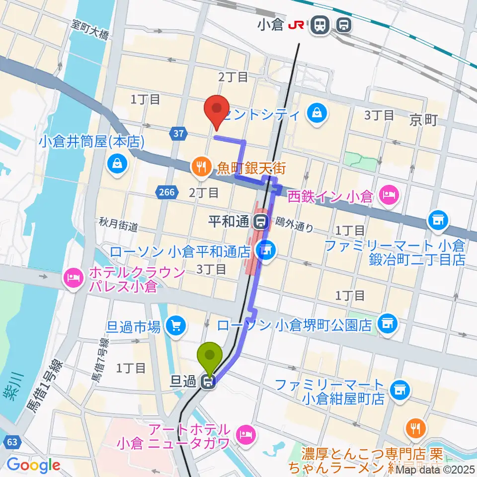 旦過駅から松田楽器店へのルートマップ地図