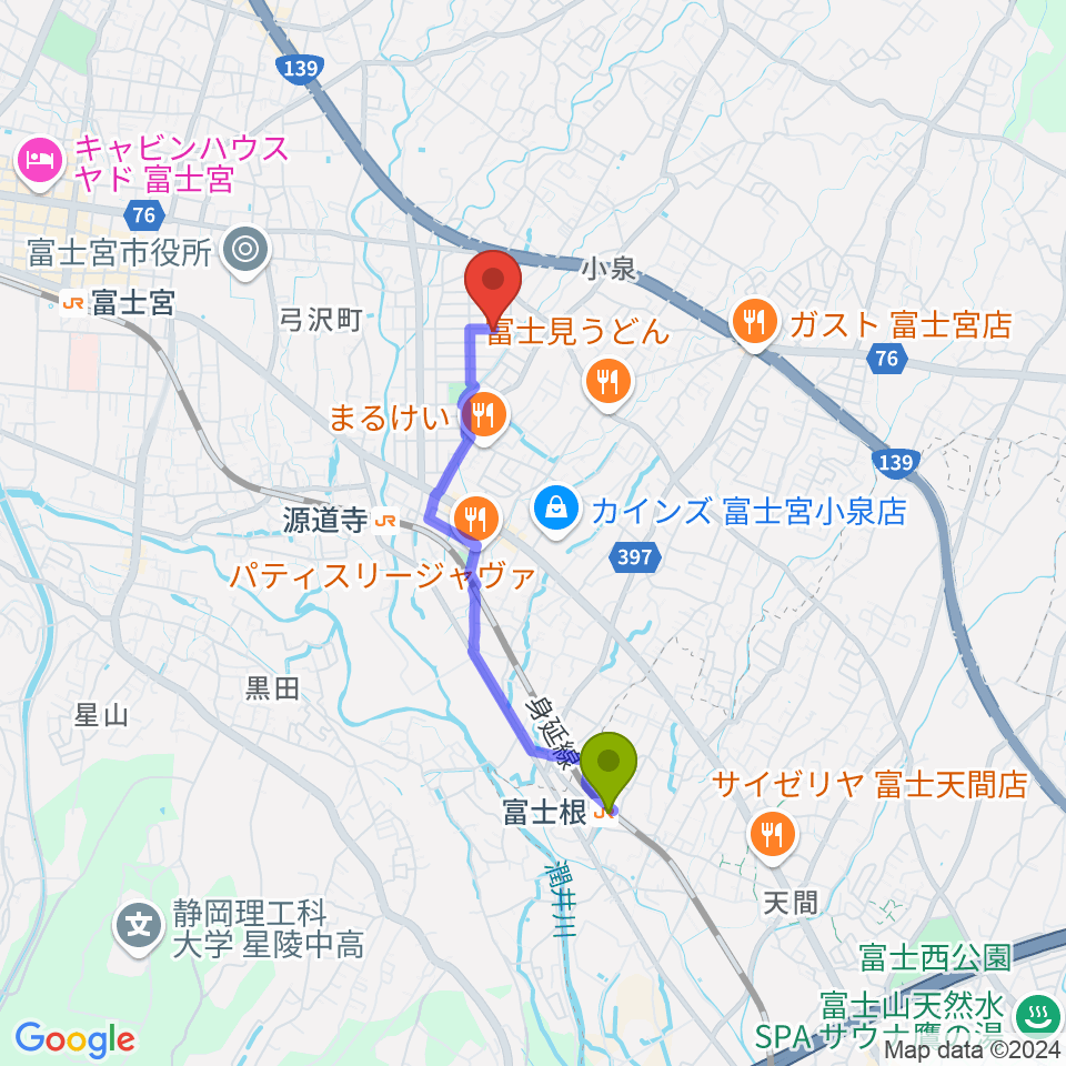 富士根駅からたかね音楽教室へのルートマップ地図