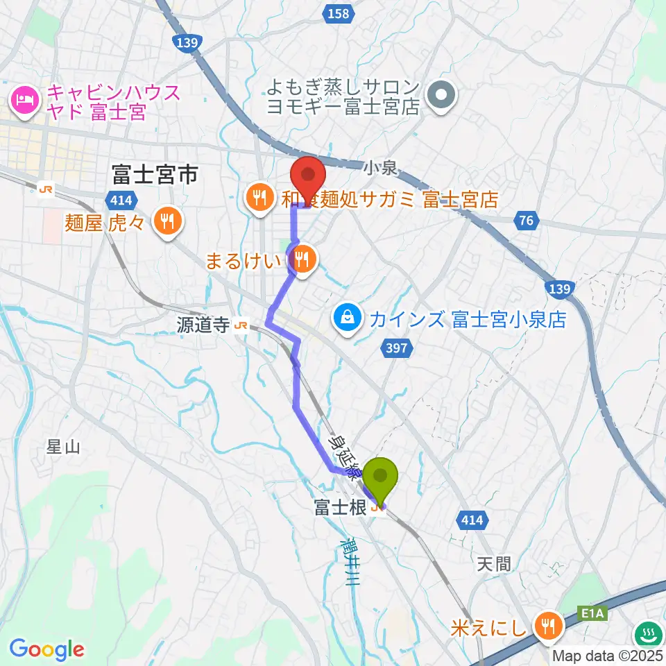 富士根駅からたかね音楽教室へのルートマップ地図