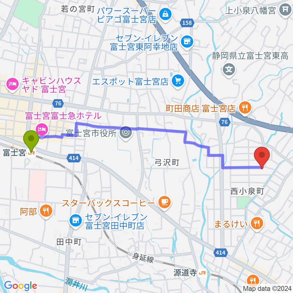 富士宮駅からたかね音楽教室へのルートマップ地図