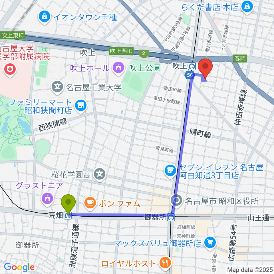 荒畑駅から吹上おんがく教室おとサロンへのルートマップ地図