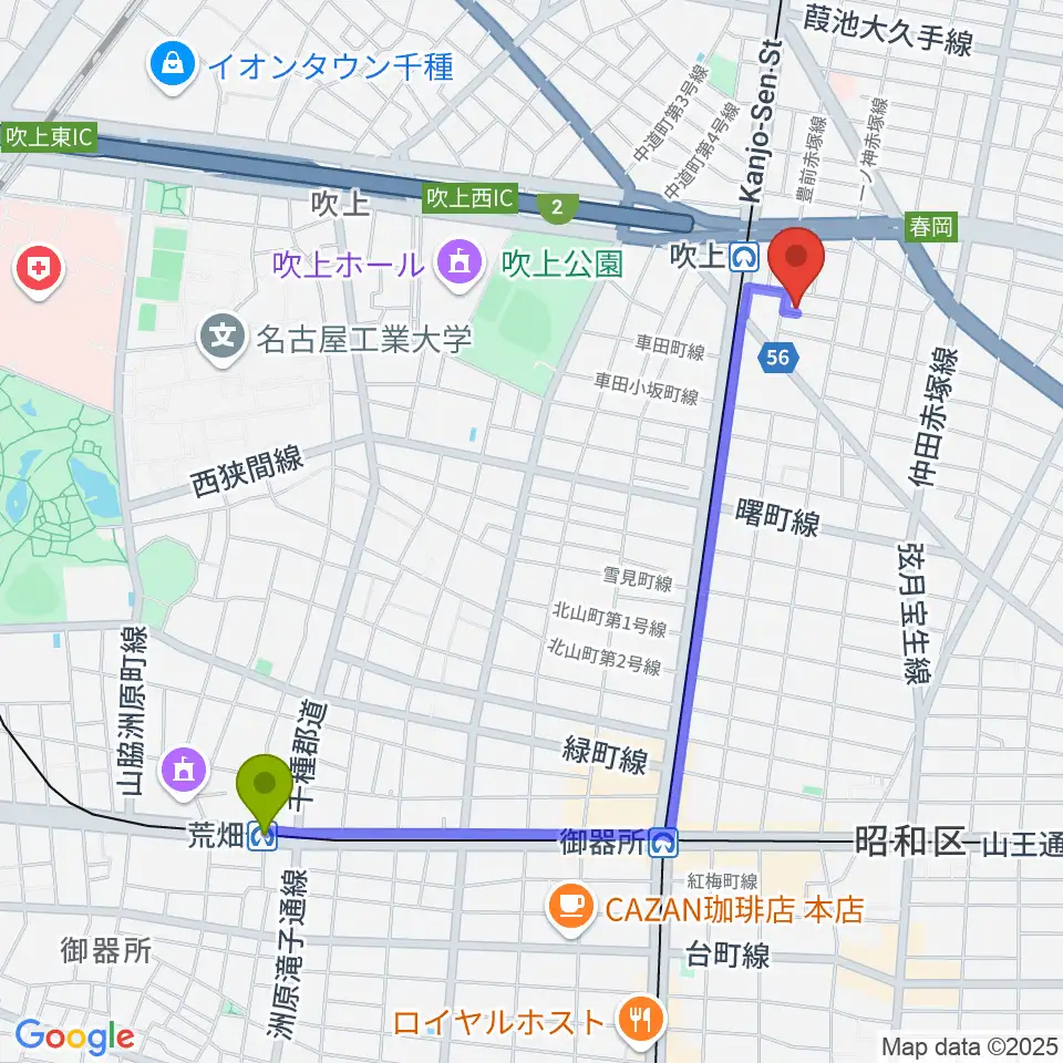 荒畑駅から吹上おんがく教室おとサロンへのルートマップ地図