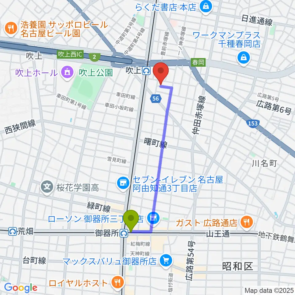 御器所駅から吹上おんがく教室おとサロンへのルートマップ地図