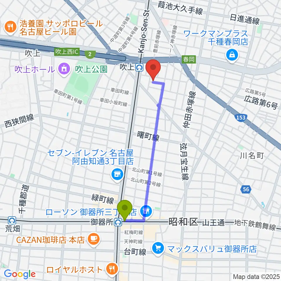 御器所駅から吹上おんがく教室おとサロンへのルートマップ地図
